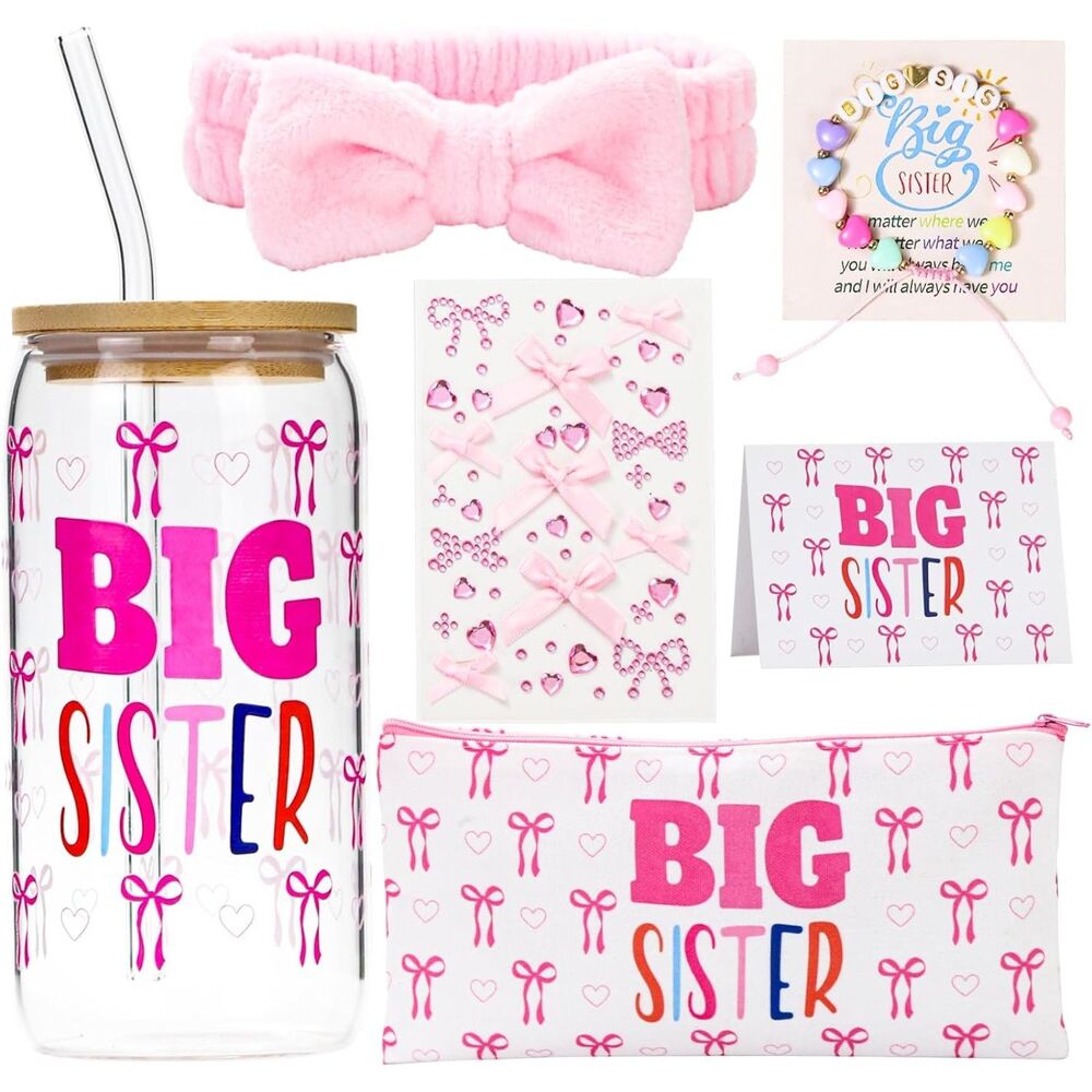 BIG SISTER Pink Bow Tumbler Gift Set with Bag & Card -Baby Announcement